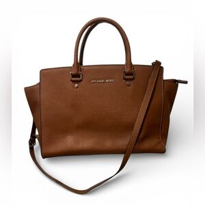 Michael Kors Women's Selma Large Crossbody Top Zip Satchel Bag Brown Gold
